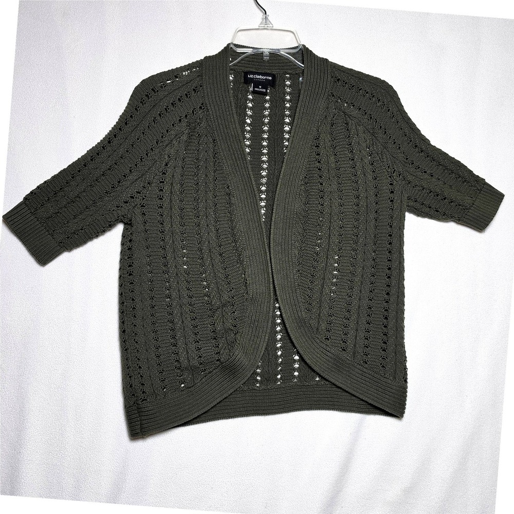 Liz Claiborne Career Olive Green Crochet Eyelet Open Front Cardigan Medium